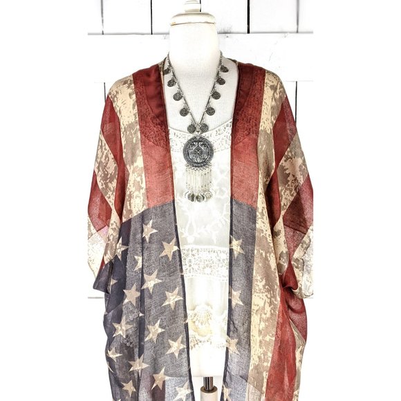 USA Patriotic American flag sheer gauzy kimono cardigan cover up - Picture 3 of 5